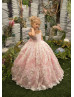 Blush Pink Floral Embroidered Lace Tulle Floor Length Flower Girl Dress